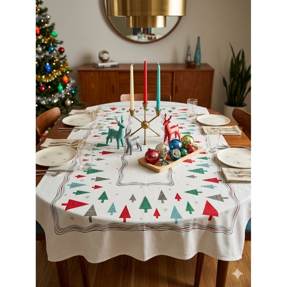 1950s-1960s MCM Atomic Christmas Tablecloth White 57" x 90"